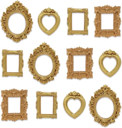12 Pcs Mini Gold Frames - Vintage Small Picture Frames for Dollhouse DIY Art Craft Projects Jewelry Display Refrigerator Magnets Home Decor Antique Resin Baroque Ornaments in Various Shapes (Gold) in Saudi Arabia