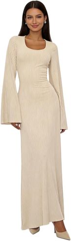 ZGMYC Women's Scoop Neck Lace Up Ribbed Maxi Dress Knit Flare Sleeve Bodycon Dress Loose Casual Long Dresses in Kuwait
