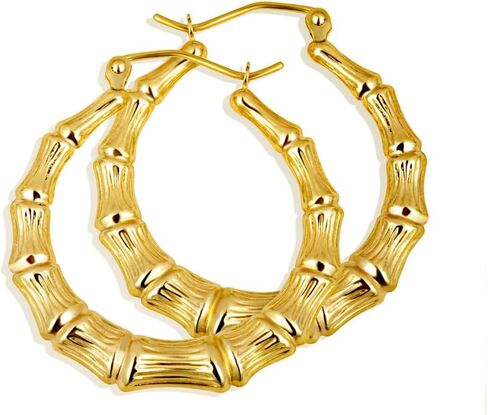 Gold Reversible Striped & Ribbed Bamboo Hoop Earrings for Women | 10K or 14K Yellow Gold in Saudi Arabia