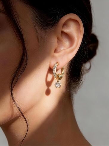 14K Gold Plated Hoop Earrings With Dangling Crystal Charm, Diamond Accent Huggie Hoops Earrings in Saudi Arabia