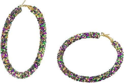 AnotherKiss Mardi Gras Earrings for Women – Lightweight Glitter & Beaded Hoop Earrings, Purple Gold Green Carnival Jewelry, Holiday Party Accessories, New Year Gifts for Her in Saudi Arabia