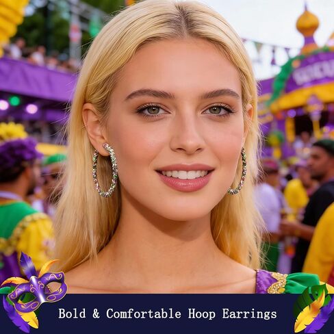 AnotherKiss Mardi Gras Earrings for Women – Lightweight Glitter & Beaded Hoop Earrings, Purple Gold Green Carnival Jewelry, Holiday Party Accessories, New Year Gifts for Her in Saudi Arabia