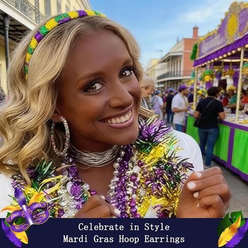 AnotherKiss Mardi Gras Earrings for Women – Lightweight Glitter & Beaded Hoop Earrings, Purple Gold Green Carnival Jewelry, Holiday Party Accessories, New Year Gifts for Her in Saudi Arabia