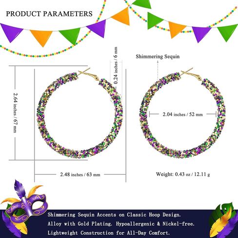 AnotherKiss Mardi Gras Earrings for Women – Lightweight Glitter & Beaded Hoop Earrings, Purple Gold Green Carnival Jewelry, Holiday Party Accessories, New Year Gifts for Her in Saudi Arabia