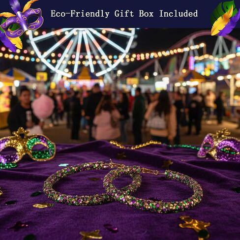 AnotherKiss Mardi Gras Earrings for Women – Lightweight Glitter & Beaded Hoop Earrings, Purple Gold Green Carnival Jewelry, Holiday Party Accessories, New Year Gifts for Her in Saudi Arabia