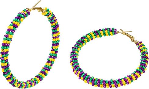 أقراط AnotherKiss Mardi Gras للنساء - أقراط دائرية لامعة خفيفة الوزن ومطرزة، مجوهرات كرنفال باللون الأرجواني الذهبي والأخضر، إكسسوارات حفلات العطلات، هدايا السنة الجديدة لها in Kuwait