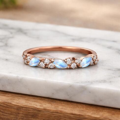 ماركيز Moonstone والماس نصف الخلود الفرقة 14K الذهب الوردي تكويم خاتم الزفاف للنساء خمر مستوحاة الذكرى والمجوهرات هدية in Kuwait