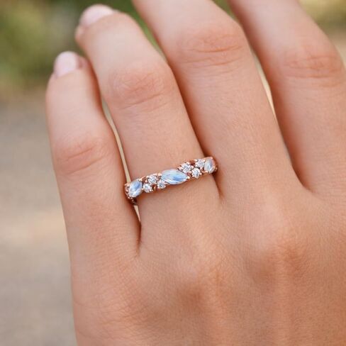 ماركيز Moonstone والماس نصف الخلود الفرقة 14K الذهب الوردي تكويم خاتم الزفاف للنساء خمر مستوحاة الذكرى والمجوهرات هدية in Kuwait