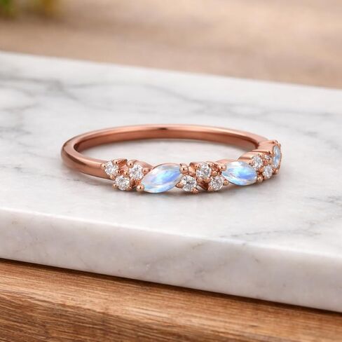 ماركيز Moonstone والماس نصف الخلود الفرقة 14K الذهب الوردي تكويم خاتم الزفاف للنساء خمر مستوحاة الذكرى والمجوهرات هدية in Kuwait