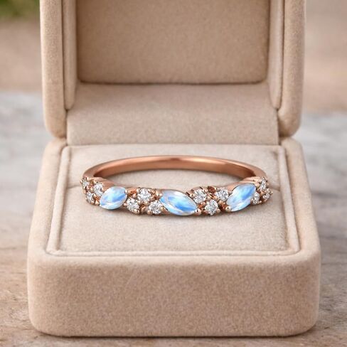 ماركيز Moonstone والماس نصف الخلود الفرقة 14K الذهب الوردي تكويم خاتم الزفاف للنساء خمر مستوحاة الذكرى والمجوهرات هدية in Kuwait