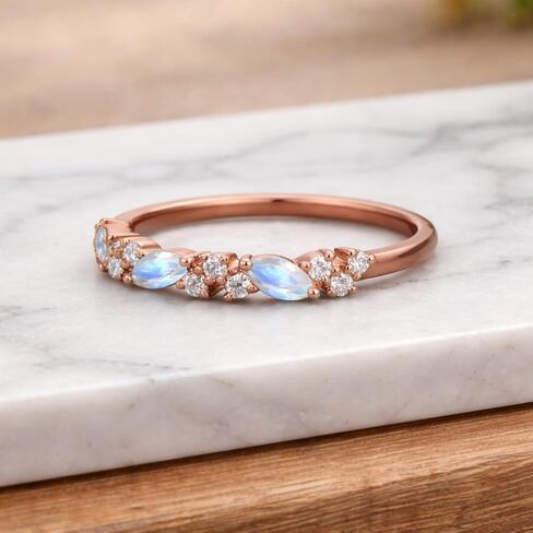 ماركيز Moonstone والماس نصف الخلود الفرقة 14K الذهب الوردي تكويم خاتم الزفاف للنساء خمر مستوحاة الذكرى والمجوهرات هدية in Kuwait