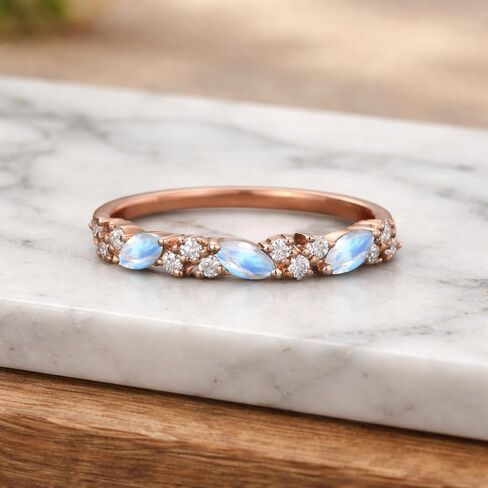 ماركيز Moonstone والماس نصف الخلود الفرقة 14K الذهب الوردي تكويم خاتم الزفاف للنساء خمر مستوحاة الذكرى والمجوهرات هدية in Kuwait