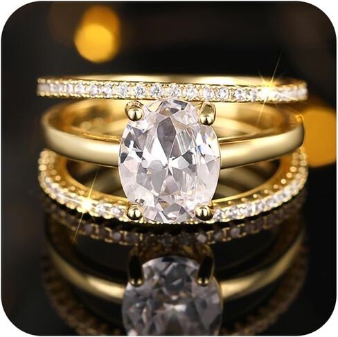 3 قطع 14K مطلية بالذهب الخلود هالة خواتم الخطبة مجموعات للنساء، لذيذ 3.5CT البيضاوي قطع مكعب زركونيا تشيكوسلوفاكيا العصابات الزفاف العروس بيان خاتم هدايا للنساء حجم 10 # in Kuwait