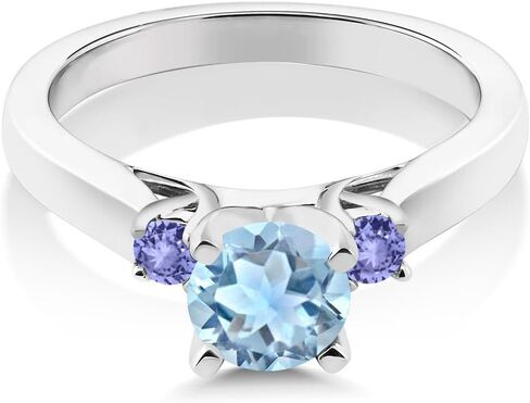 Gem Stone King 0.99 Cttw Sky Blue Aquamarine and Blue Tanzanite 3-Stone Engagement Ring For Women | 925 Sterling Silver | Round 6MM | 3 Stone Wedding Engagement Anniversary Ring For Women in Saudi Arabia