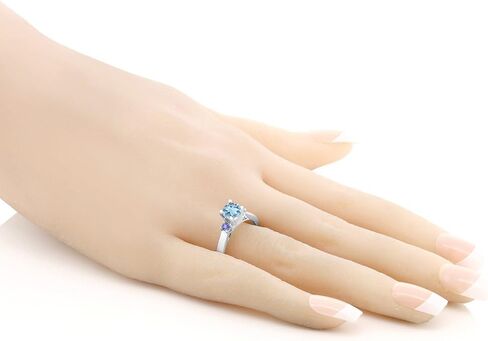 Gem Stone King 0.99 Cttw Sky Blue Aquamarine and Blue Tanzanite 3-Stone Engagement Ring For Women | 925 Sterling Silver | Round 6MM | 3 Stone Wedding Engagement Anniversary Ring For Women in Saudi Arabia