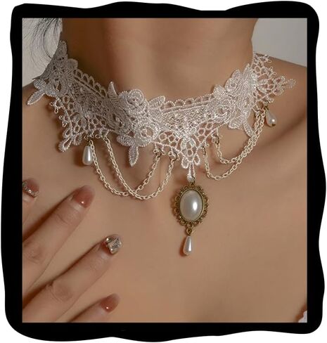 Lace Choker Necklace for Women White Lace Tassel Pendant Choker Necklaces Vintage Boho Collar Necklaces Statement Artistic Palace Princess Chain Necklace Halloween Party Cosplay Costume Jewelry in Saudi Arabia