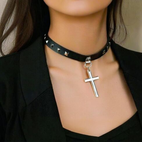 Gothic Punk Collar Black Leather Cross Choker Necklace for Women Lady Goth Jewelry Gift in Kuwait