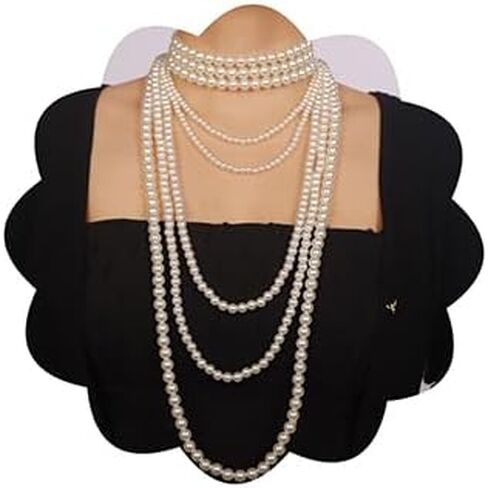 Chargances Vintage Bridal Imitation Pearls Long Necklace 1920s Multilayer Flapper Pearls Beads Choker Wedding Party Accessories for Women in Saudi Arabia