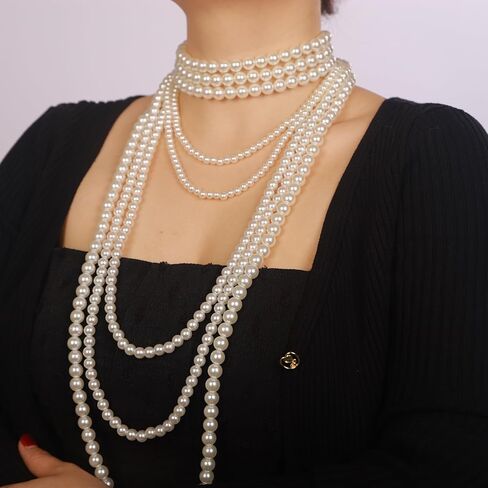 Chargances Vintage Bridal Imitation Pearls Long Necklace 1920s Multilayer Flapper Pearls Beads Choker Wedding Party Accessories for Women in Saudi Arabia
