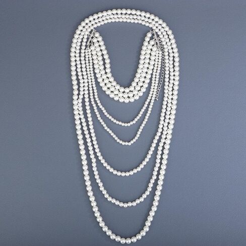 Chargances Vintage Bridal Imitation Pearls Long Necklace 1920s Multilayer Flapper Pearls Beads Choker Wedding Party Accessories for Women in Saudi Arabia