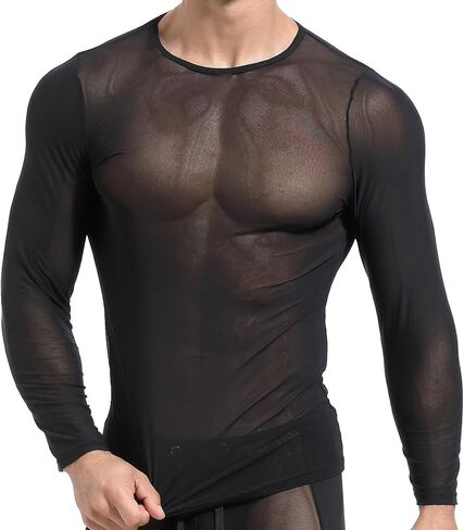 Men's Mesh T Shirt See Through Lounge Long Sleeves Sexy Sheer Muscle Tee Tops Breathable Undershirt Clubwear in Saudi Arabia