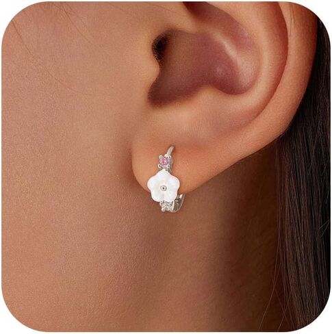 925 الفضة الاسترليني قذيفة بيضاء زهرة هوب أقراط للنساء 14K مطلية بالذهب أنيقة لذيذ الوردي الأبيض أقراط زركونيا إلى ابنة أمي لطيف زهرة Huggie هوب أقراط عيد الفصح المجوهرات هدية in Kuwait