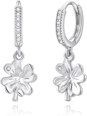 St. Patrick's Day Trendy Four Leaf Clover Huggie Small Hoop Earrings with Hypoallergenic Cubic Zirconia, Silver Drop Dangle Earrings for Women Daily & Thoughtful Gifts in Saudi Arabia