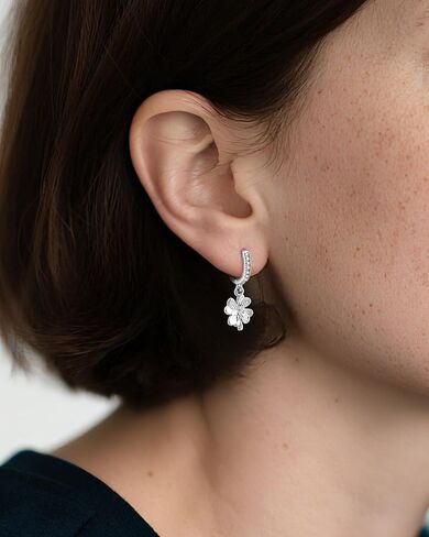 St. Patrick's Day Trendy Four Leaf Clover Huggie Small Hoop Earrings with Hypoallergenic Cubic Zirconia, Silver Drop Dangle Earrings for Women Daily & Thoughtful Gifts in Saudi Arabia