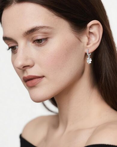 St. Patrick's Day Trendy Four Leaf Clover Huggie Small Hoop Earrings with Hypoallergenic Cubic Zirconia, Silver Drop Dangle Earrings for Women Daily & Thoughtful Gifts in Saudi Arabia