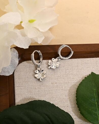 St. Patrick's Day Trendy Four Leaf Clover Huggie Small Hoop Earrings with Hypoallergenic Cubic Zirconia, Silver Drop Dangle Earrings for Women Daily & Thoughtful Gifts in Saudi Arabia