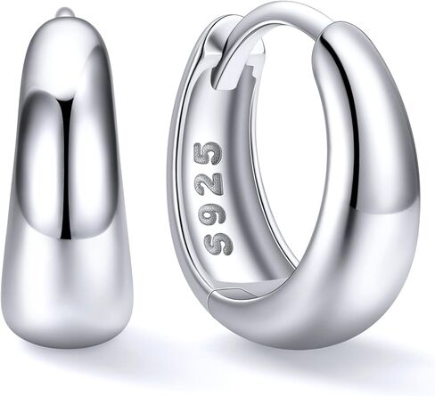 أقراط حلقية مكتنزة من الفضة من ChicSilver للنساء، أقراط هوجي صغيرة سميكة من الفضة الإسترليني عيار 925، أقراط حلقية فضية خفيفة الوزن لا تسبب الحساسية للأذنين الحساسة (8/10/12/14 مم) in Kuwait