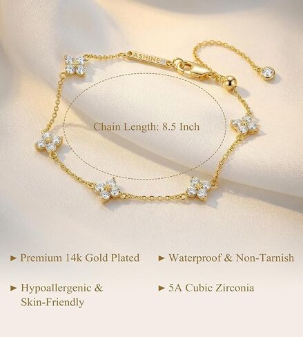 ASHINE Dainty Colver Bracelet - 14K Gold Plated Waterproof Non Tarnish Bracelet, Adjustable Slider Chain Stackable Bracelet with Cubic Zirconia, Trendy Charm Jewelry for Women in Kuwait