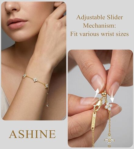 ASHINE Dainty Colver Bracelet - 14K Gold Plated Waterproof Non Tarnish Bracelet, Adjustable Slider Chain Stackable Bracelet with Cubic Zirconia, Trendy Charm Jewelry for Women in Kuwait