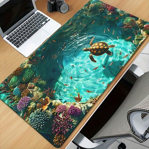 Coral Turtle Pattern Gaming Mouse Pad - Extra-Large Size, Thick Non-Slip Rubber Base, Precision Stitched Edges, Workspace Stability & Playful Aesthetic in Saudi Arabia