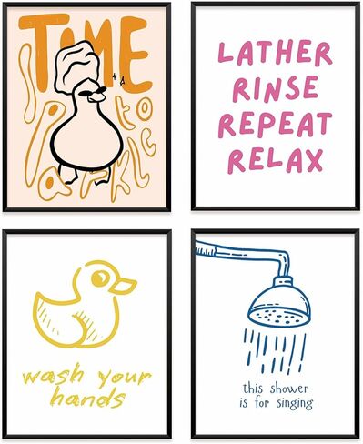 VONTP Funny Kids Bathroom Wall Art Decor, Funny Retro Preppy Duck Prints Poster Wall Decorations for Kids Nursery Toddler Bathroom Restroom Washroom Toilet, 8x10 Inch Set of 4 (Unframed) in Kuwait