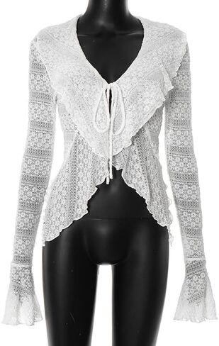 Women's Y2K Tie Front Lace Cardigan Bell Long Sleeve Ruffled Hem Lettuce Trim Sheer Shrug Tops Cover Up in Saudi Arabia