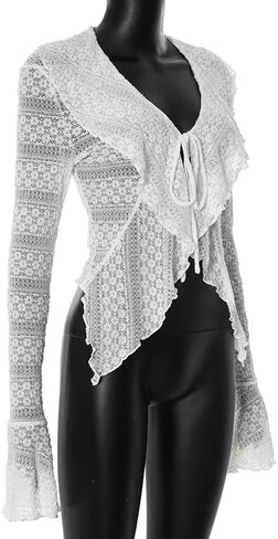 Women's Y2K Tie Front Lace Cardigan Bell Long Sleeve Ruffled Hem Lettuce Trim Sheer Shrug Tops Cover Up in Saudi Arabia