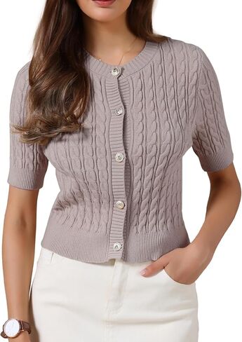 سترة علوية بأكمام قصيرة من Allegra K للنساء 2026 سترات منسوجة بأزرار سفلية برقبة دائرية قطعة علوية صيفية قصيرة in Kuwait