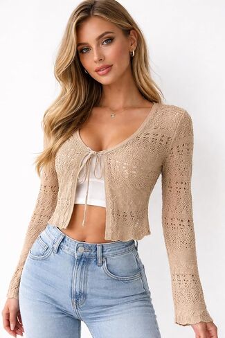 Crochet Cropped Cardigan for Women Boho Knit Tie Front Long Sleeve Summer Cover Up Cardigans in Saudi Arabia