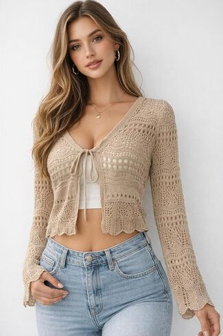 Crochet Cropped Cardigan for Women Boho Knit Tie Front Long Sleeve Summer Cover Up Cardigans in Saudi Arabia