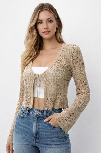 Crochet Cropped Cardigan for Women Boho Knit Tie Front Long Sleeve Summer Cover Up Cardigans in Saudi Arabia