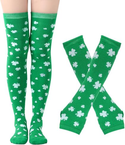 جوارب عالية الفخذين باللون الأخضر لعيد القديس باتريك وقفازات بدون أصابع جوارب شامروك الأيرلندية للنساء أزياء تنكرية in Kuwait
