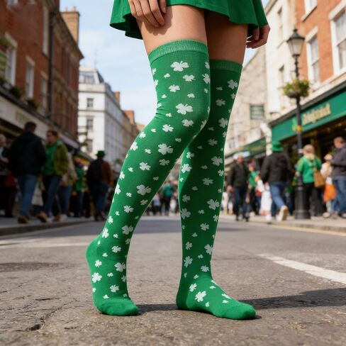 جوارب عالية الفخذين باللون الأخضر لعيد القديس باتريك وقفازات بدون أصابع جوارب شامروك الأيرلندية للنساء أزياء تنكرية in Kuwait