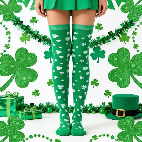 جوارب عالية الفخذين باللون الأخضر لعيد القديس باتريك وقفازات بدون أصابع جوارب شامروك الأيرلندية للنساء أزياء تنكرية in Kuwait
