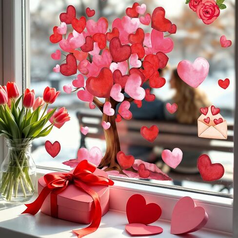 Whaline 6 Sheets St. Patrick' s Day Window Clings Valentine' s Day Window Decal Watercolor Love Heart & Clover Tree Reusable Anti-Collision Windows Decor for Holiday Party Supplies in Saudi Arabia