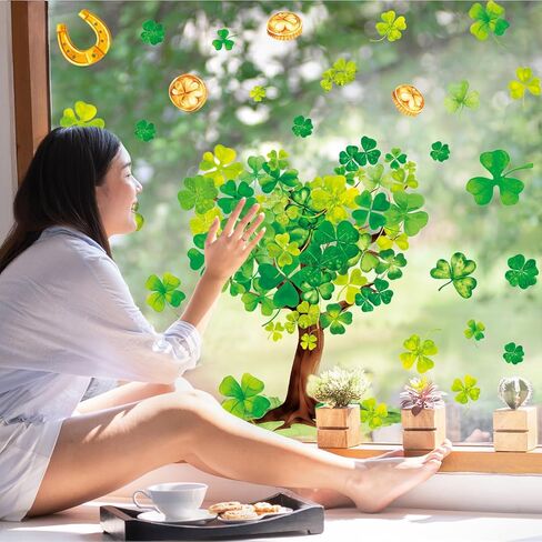 Whaline 6 Sheets St. Patrick' s Day Window Clings Valentine' s Day Window Decal Watercolor Love Heart & Clover Tree Reusable Anti-Collision Windows Decor for Holiday Party Supplies in Saudi Arabia