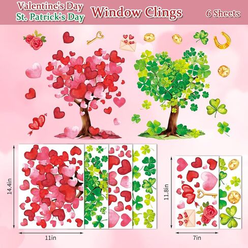 Whaline 6 Sheets St. Patrick' s Day Window Clings Valentine' s Day Window Decal Watercolor Love Heart & Clover Tree Reusable Anti-Collision Windows Decor for Holiday Party Supplies in Saudi Arabia