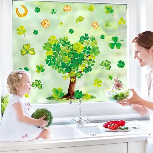Whaline 6 Sheets St. Patrick' s Day Window Clings Valentine' s Day Window Decal Watercolor Love Heart & Clover Tree Reusable Anti-Collision Windows Decor for Holiday Party Supplies in Saudi Arabia