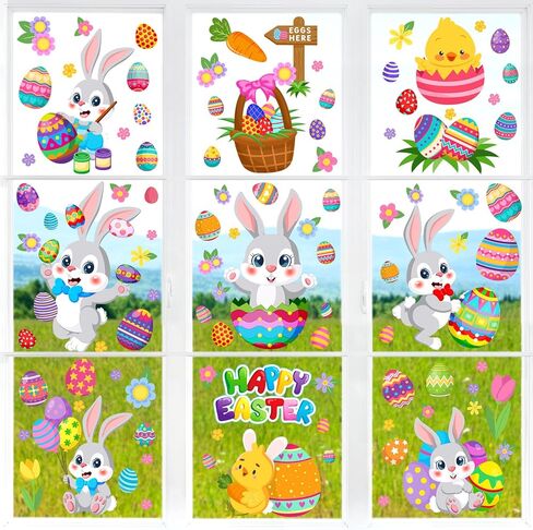 Clabby 9 Sheets Easter Window Clings 103 Pcs Happy Easter Bunny Eggs Carrot Glass Stickers Double-Side Spring Rabbit Chick Glass Decals for Spring Home Office School Party Window Door (Cute Style) in Saudi Arabia