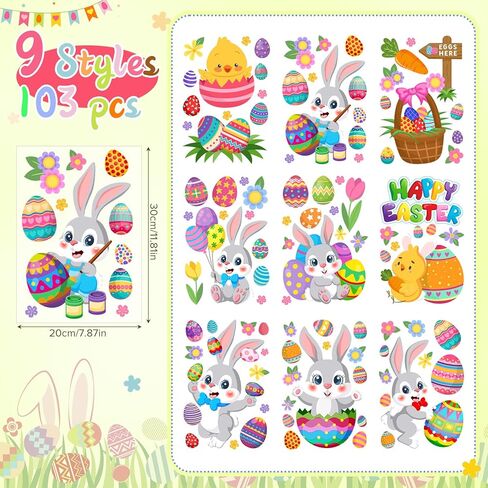 Clabby 9 Sheets Easter Window Clings 103 Pcs Happy Easter Bunny Eggs Carrot Glass Stickers Double-Side Spring Rabbit Chick Glass Decals for Spring Home Office School Party Window Door (Cute Style) in Saudi Arabia